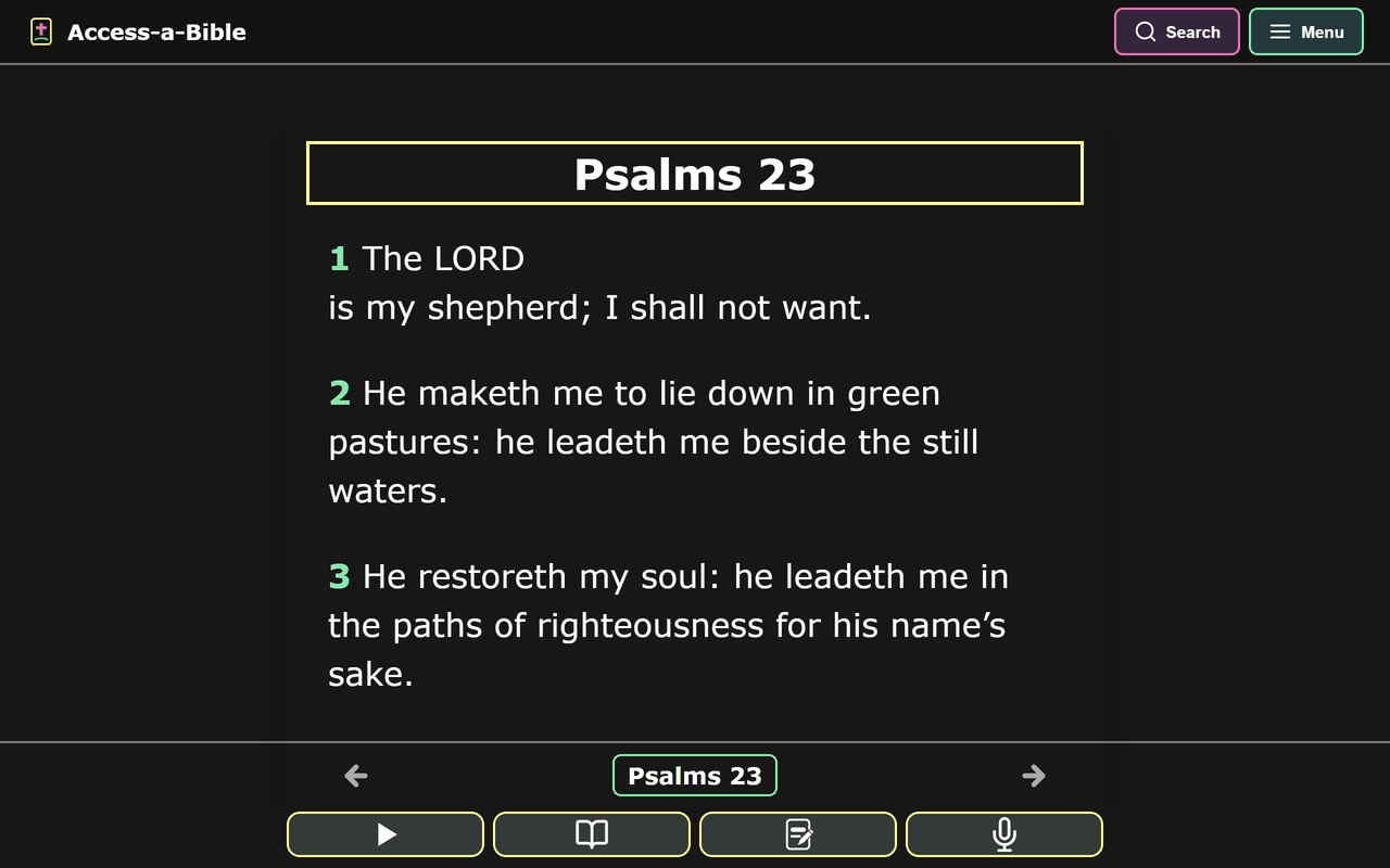 Access-a-Bible reading Psalm 23 in the King James Version, with a chapter navigation strip and a toolbar offering play, reading plans, highlights and notes, and the microphone.