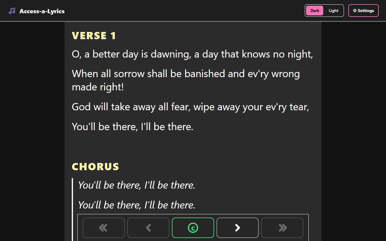 Access-a-Lyrics reading view of the hymn A Better Day Coming, showing Verse 1 and Chorus text with page navigation buttons including a jump-to-chorus button below.