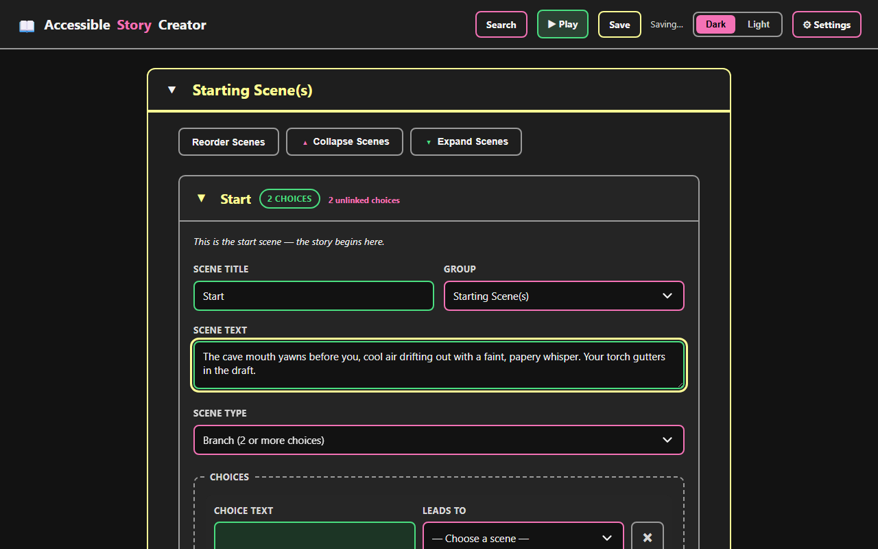 Story Creator editing the Start scene of a project called The Whispering Cave, with fields for Scene Title, Scene Text, Scene Type, and two branching Choices.