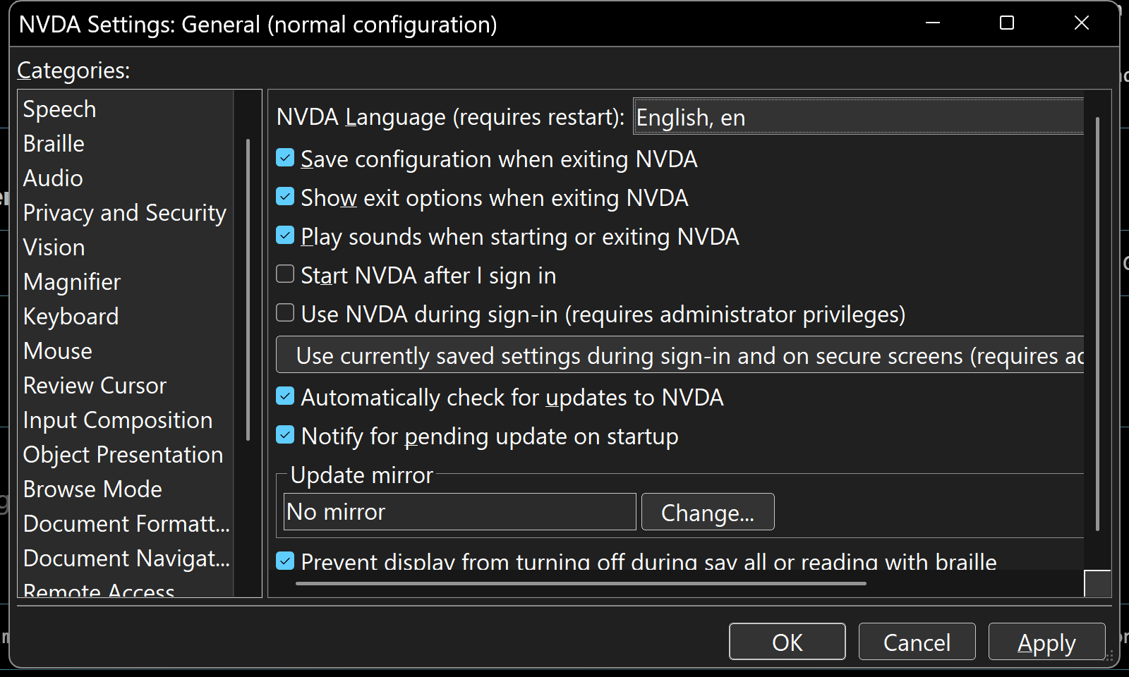 The NVDA Settings dialog in dark mode: a dark grey window with a black title bar, the Categories list on the left, and the General settings on the right, all in white text with blue check marks.