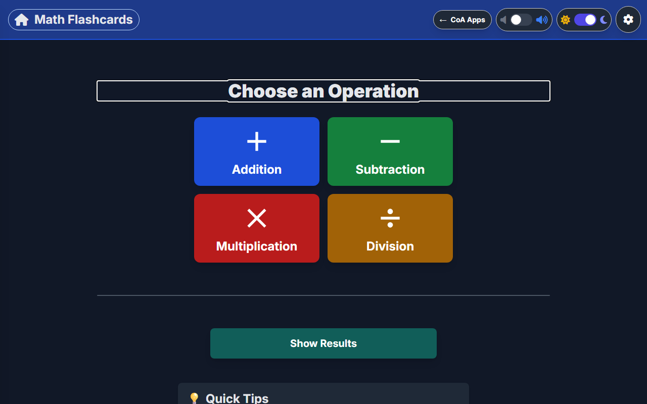 Math Flashcards start screen with a Choose an Operation heading and four colored buttons for Addition, Subtraction, Multiplication, and Division.