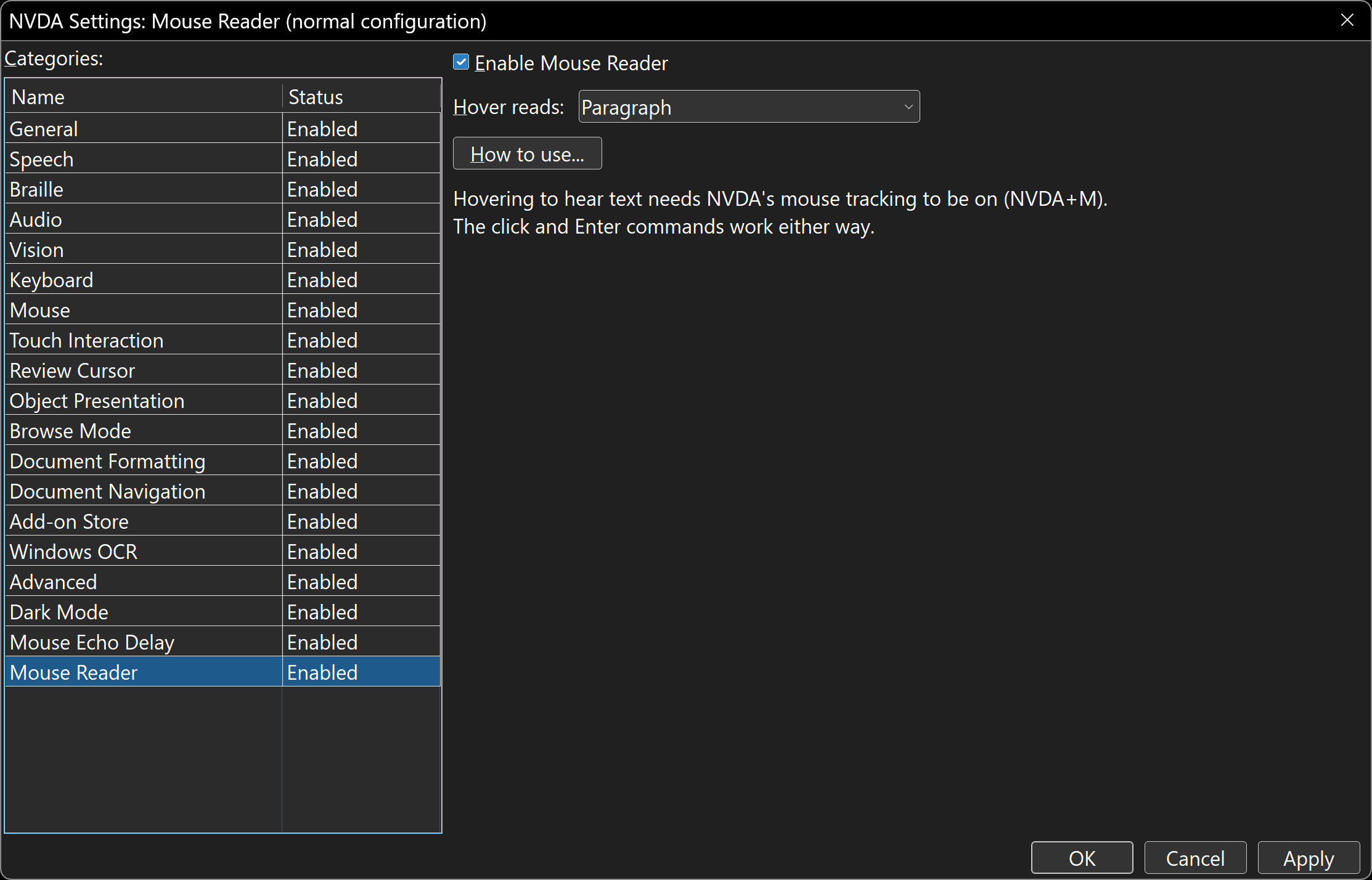 The NVDA Settings dialog open at the Mouse Reader category: an Enable Mouse Reader check box, a Hover reads dropdown set to Paragraph, a How to use button, and a note that hovering needs NVDA's mouse tracking to be on.
