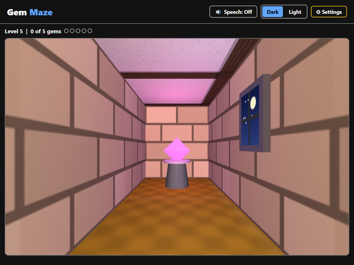 Gem Maze gameplay two squares from a glowing pink gem on its stone pedestal at the end of a brick corridor, with a night-sky window on the right wall and a gold carpet. The status line reads Level 5, 0 of 5 gems.