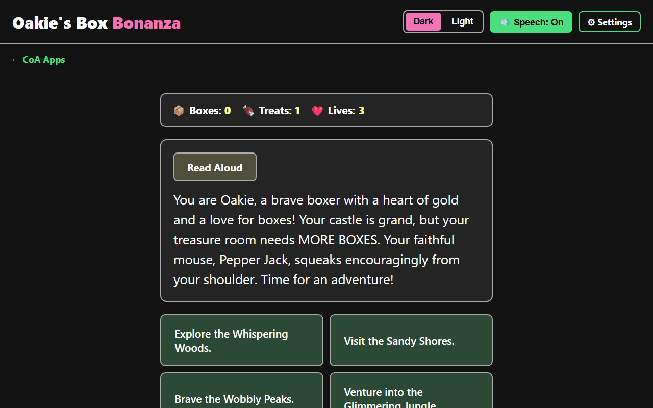 Oakie's Box Bonanza gameplay showing the story introducing Oakie the boxer dog, a Boxes/Treats/Lives status bar, and four location choices including Explore the Whispering Woods and Visit the Sandy Shores.